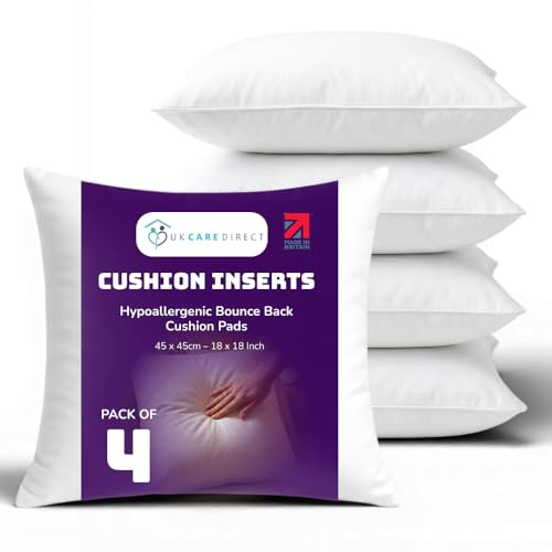 UK Care Direct Pack of 4 Cushion Inserts 45cm x 45cm - 18 x 18 Cushion Insert - White Square Cushions, Hypoallergenic Cushion Inner - Bounce Back Cushion Pads for Sofa & Couches - Pack of 4