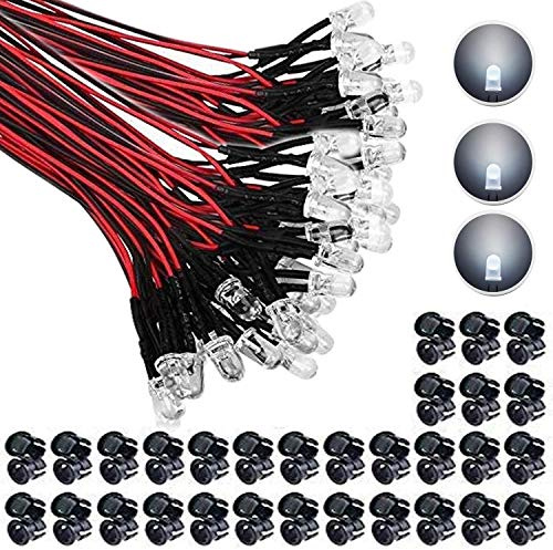 RUNCCI-YUN 65 st vit DC 12 V förkopplat ljus, 5 mm lysdioder med 20 cm kabel, förkopplade LED-dioder ljus, 12 V LED vit 65 st 5 mm plast LED monteringslåg