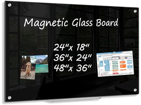 AMUSIGHT Black Dry Erase Board, 48'' x 36'' Magnetic Large Black Glass Board Frameless Wall Mounted Glass Whiteboard for Office, School & Home with 1 Acrylic Marker Tray & 6 Strong Magnets