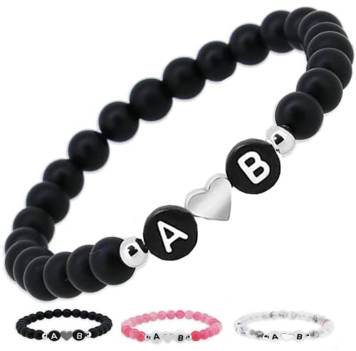 Personalisierte Pärchen Namensarmbänder Herz | Partnerarmband couple echt Edelsteine Onyx 6mm | Perlenarmband individueller Buchstaben Armband A-Z Freundschaftsarmband Partnerarmbänder Geschenk