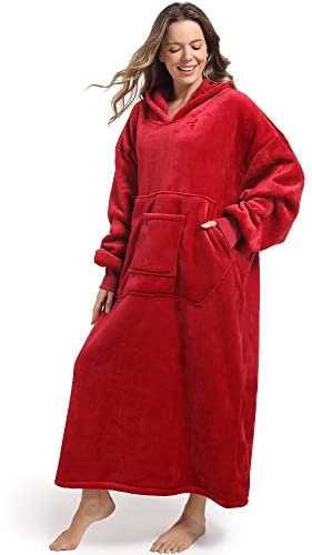 FUSSEDA överdimensionerad bärbar filttröja, supertjock varm fleece sherpa mysig filt huvtröja med fickor och ärmar för vuxna barn, Vinrött, en storlek