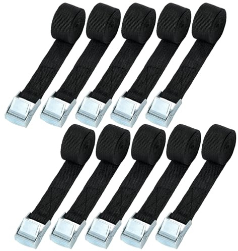URAQT 10 Pcs Cinghie di Tensione, 1m x 2 cm Cinghie di Tensionamento, Carico Cinghie di Tensione con Fibbia, Adatto per Moto, Auto, Portabiciclette, Trazione: 500kg / Pezzo (Nero)