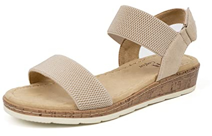 VJH confort Women’s Flat Sandals Open Toe Elastic Ankle Strap Slip on Comfy Low Wedge Sandals（Beige,9）