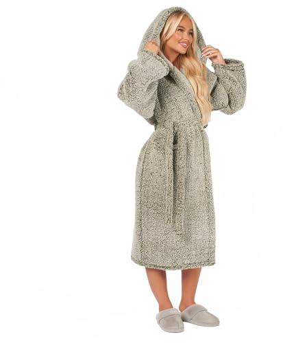 Brentfords Dressing Gown Womens Teddy Marl, Mothers Day Gifts Bathrobe with Hood & Pockets Soft Warm Comfy Luxury Oversized Fluffy Mens Dressing Gowns, Green One Size