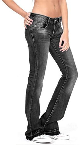 Generico JIER Jeans Donna Pantaloni Dritti e Larghi a Zampa D'Elefante, Curvy Bootcut Gamba Larga Casual a Vita Bassa, Estivi in Denim Nero, XS