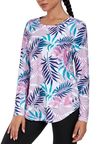 Deaviya Womens Long Sleeve Sports Tops UK, Sport Yoga T-Shirt Workout Running Tops, Crew Neck Quick Dry Golf Activewear Ladies Gym Sports Top, L,Leaf