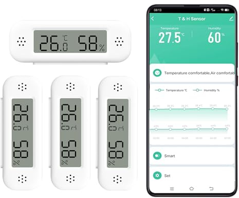 WLAN Hygrometer Temperatursensor, digitaler Mini-Innentemperatur- und Luftfeuchtigkeitssensor, Gewächshaus-Kellerraum-Temperatur- und Luftfeuchtigkeitssensor, App-Fernbedienung - 4 Stück