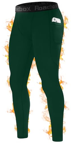 Roadbox Thermal Compression Pants Men, Sports Workout Fleece Lined Leggings, Football Running Base Layer Tights with Pocket