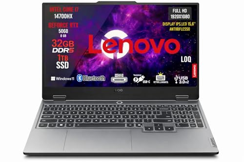 Lenovo Loq Pc Gaming Portatile i7 14700HX, 32 GB RAM DDR5, GeForce RTX 5060 8GB, SSD 1TB, Notebook Gaming Display IPS 15,6 FHD 144Hz, Laptop Gaming Tastiera Retroilluminata, Wi-Fi 6, Thunderbolt