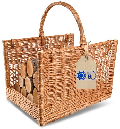 Creative HomeVit Korg i vide | 50 x 34 x 50 cm | med Handtag | Öppen Spis ved Lagring | Stor Rektangulär | Light | Handvävd Handgjord Hållbar | Naturlig Brun Tjock Pil | Flerfunktionell