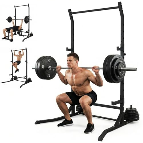 Power Cage Squat Rack med lastkapacitet, krafttorn, multifunktionellt kraftställ för hemmagym, dip-stång, justerbar J-krok och säkerhetsstänger för pull med skivstång