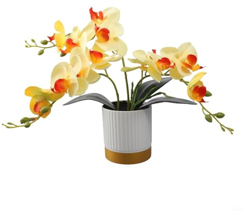 Comgooldool 13 Inch Artificial Orchid Bonsai In White Gold Pot, Realistic Phalaenopsis Fake Flower Plant For Living Room Office Table Decor, Silk Floral Centerpiece(Yellow)