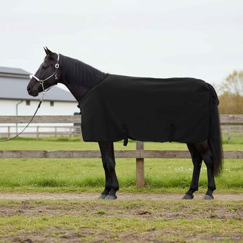GeenYuu Couverture Équine Noir en Polyester 75 cm pour Cheval et Poney, Protection Respirante Hiver Extérieur avec Sangles Ajustables, Couvre Rein et Poitrail Confortable, Idéale Écurie Box Prairie