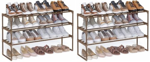 SONGMICS 3-Tier Shoe Rack, Shoe Storage Organiser, Metal Storage Rack, Upright or Upside Down, Fits 16 to 20 Pairs, Stackable, for Hallway, 30 x 92 x 55 cm, Walnut Brown LSA303K01 (Pack of 2)