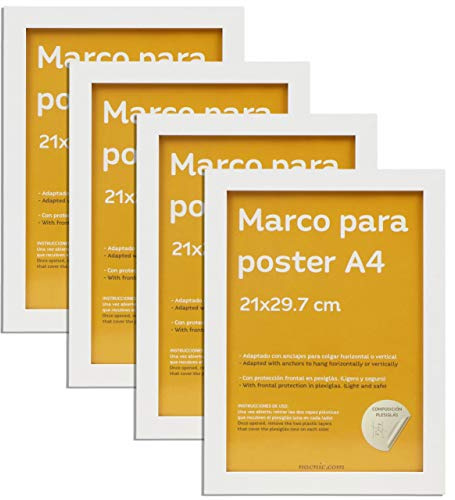 Nacnic - Pack 4 Marcos de Madera MDF Blanco y Vidrio Acrílico | Protección y Expositor de Fotografías, Láminas, Pósters, Cuadros y Decoración para Salón, Dormitorio u Oficina | A4 (21x29,7 cm)