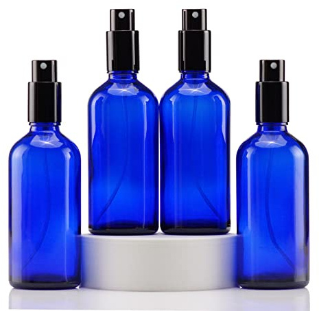 YIZHAO Bottiglie Spray Vetro 100ml, Blu Spruzzino Nebulizzatore Piccolo, per Olii Essenziali, Profumo, Pulizia, Cosmetici, Viaggio, Farmacia - 4 Pcs