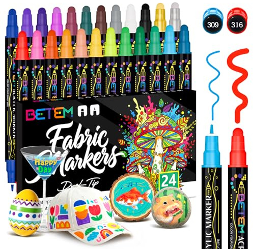 Betem 24 Colors Dual Tip Acrylic Paint Pens Markers, Fabric Decorating Kits Premium Water-Based Acrylic Paint Markers for Fabric, Rock, Wood, Glass, Eggs, Canvas, Ceramic, Easter Basket Stuffers