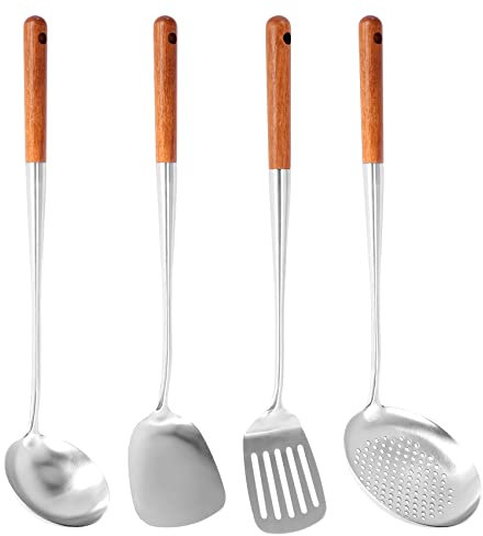 Exogio Edelstahl Küchenutensilien-Set, Wok Spatel, Langer Rostfreier Wok Pfannenwender und Schöpflöffel, Schaumlöffel, Küche Schlitz Wender Schöpfen Kelle Kochen Werkzeuge, Spülmaschinenfest