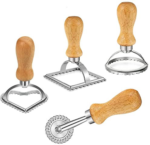 Ravioli Stamp Maker Cutter Set - 4 PCS Pasta Roller Wheel Mold with Wooden Handle & Fluted Edge for Making Ravioli Pasta Dumplings Lasagna - Pasta Press Tools for Kitchen