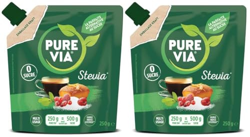 Pure Via - Doypack Poudre Cristallisée - Stevia - Zéro Sucre - 250g - Lot de 2