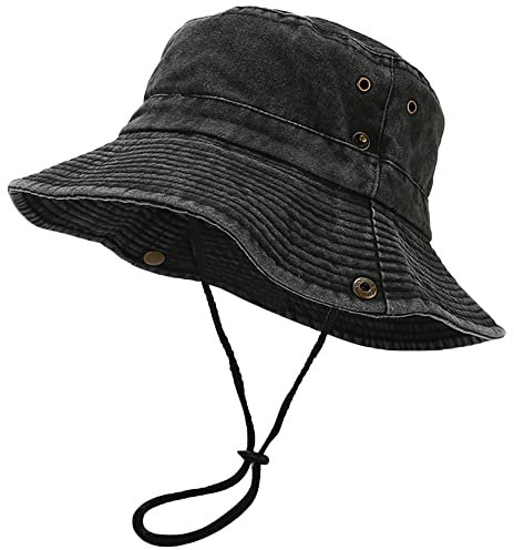 Unisex Cotton Boonie Hat Summer Fishing Bucket Hat Sun Hat with String (US, Alpha, One Size, Retro Black)