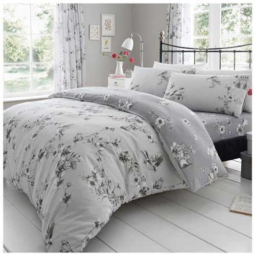 GC GAVENO CAVAILIA Birdie Blossom Floral Kingsize Duvet Cover Set, Blue | Breathable, Comfy, Reversible Soft Botanical Flowers, With Polycotton Pillowcases, Luxury Birds Quilt Cover