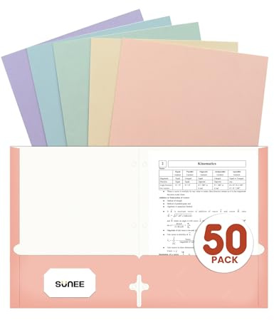 SUNEE Folders with Pockets 3 Hole Punched(50 Pack, Pastel Colors), 2 Pocket Folders Fit Letter Size Paper, Paper File Folder for School Office Home Business