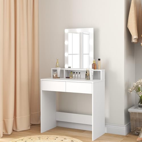 Panana Schminktisch mit LED-Lichtern, Spiegel mit Verstellbarer Helligkeit, Schminktisch mit 2 Schubladen (weiß)