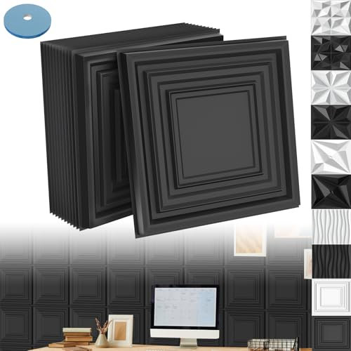 XINZI 3D Wandpaneele PVC Wandverkleidung Wanddeko 50x50 cm, 48 Stück 3D Wandplatten Wall Panels Gaming Wandpaneele, Deckenplatten Wall Deko Panel für Deckenpaneele Wand Panels, Schicht Schwarz, 12m²