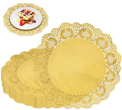 50 Stück Spitzendeckchen Rund Tortenspitze Gold, Tortenspitze Papier Rund Papierdeckchen Tischsets Papier, Papieruntersetzer für Hochzeit Geburtstag Kuchen Desserts Geschirr Lebensmitteldekoration (B)