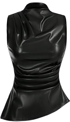 WDIRARA Women's Plus Size Mock Neck PU Leather Tank Top Ruched Sleeveless Asymmetrical Tops Black X-Large Plus