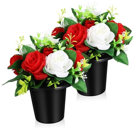 TOPBATHY Fiori Artificiali per Tombe Set 2 Pezzi Decorazioni Invernali per Cimitero Bouquet Commemorativo Piccolo Secchio Resistente per Esterni