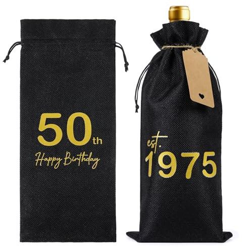BETESSIN 50th Birthday Gifts - Decorative Drawstring Wine Gift Bag with Tag 1975 Years Wine Bottle Bag for Friend Wife Husband Dad Mum Coworker Sister