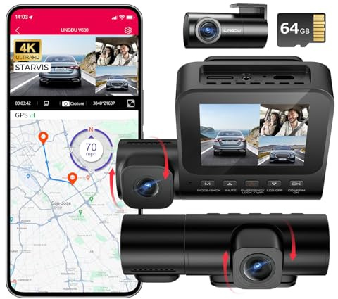 3 Kanal Dashcam Auto Vorne Hinten Kabellos - 4K+1080P+1080P FHD Dreifache Dash Cam mit 2,4″ IPS Display, APP Steuerung mit 64 GB SD Karte, G-Sensor, WDR, Nachtsicht, 24 Std. Parkmonitor