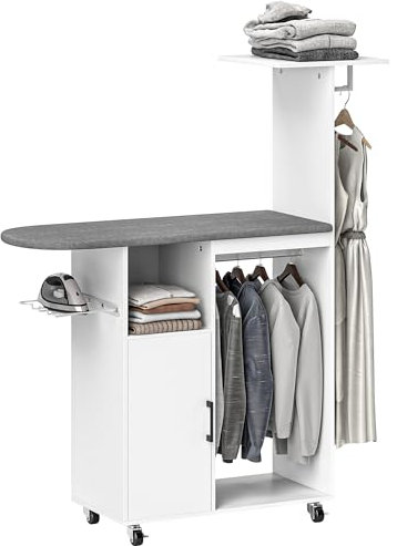 HOMCOM Mueble de Planchar con Ruedas y Soporte Lateral Mueble de Planchado con Tabla de Planchar Barra para Ropa Estante Ajustable 127,5x43,5x153 cm Blanco