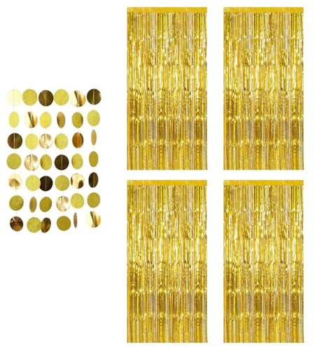 4 Piezas Cortina Metálica Dorada con Flecos Brillante 1x2m para Fiesta Cumpleaños Boda Navidad Decoración Telón de Fondo con，También Incluye1 Guirlanda Papel