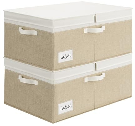 GRANNY SAYS Decorative Storage Boxes with Lid, Large Storage Bins with Double-Open Lid, Storage Basket for Clothes, 63L Closet Linen Storage Bin, White/Khaki, 2-Pack