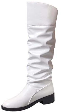 Botas largas de tacón cuadrado con parte superior plisada de caña alta de talla grande con cordones para mujer, Blanco, 43 EU