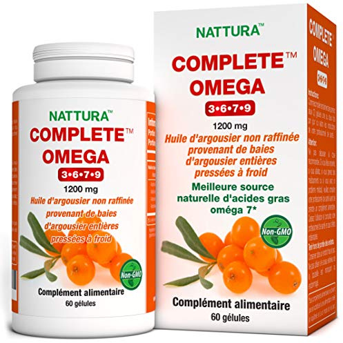 Nattura Complete Omega 3-6-7-9, Pure Sea Buckthorn Oil, European Quality, from Unrefined, Cold Pressed Whole Sea Buckthorn Wild Berries - Non-GMO, Certified Kosher, Gluten-Free 1 Bottle - 60 Capsules