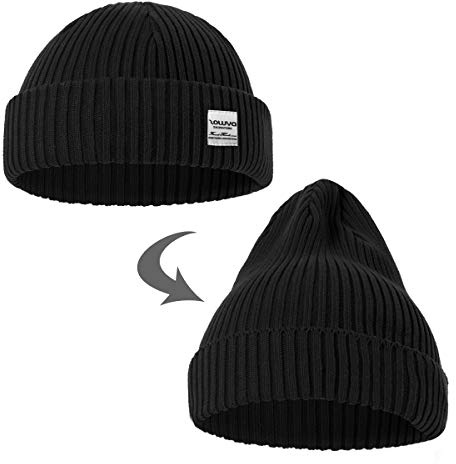 zowya Mens Winter Knit Beanie, Rib Watch Cap Skull Cap Winter Ski Hat for Daily, 1 Hat 2 Style (Black)