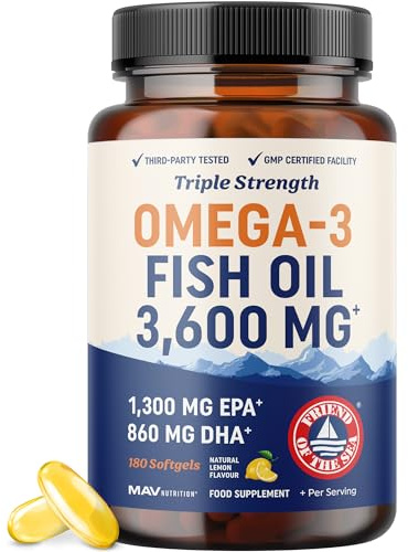 Triple Strength Omega 3 Fish Oil 3600 mg | EPA & DHA | Over 2100mg Omega-3 Fatty Acids | 1300mg EPA + 860mg DHA | Best Essential Fatty Acids | Premium Wild Caught & Burpless Fish Oil | 180 Ct