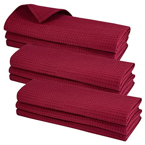 Daloual 9er-Pack Baumwolltücher in Dunkelrot, Qualitäts-Geschirrtuch im Set, aus 100% Baumwolle, mit Waffelpique-Webmuster, Größe: 70x50 cm, Putztücher, Poliertücher, Handtücher