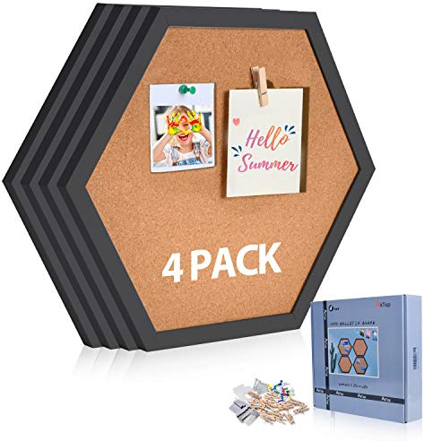 AkTop Cork Bulletin Board Hexagon 4 Pack, Small Framed Corkboard Tiles for Wall, Thick Decorative Display Boards for Home Office Decor, School Message Board with 16 Push Pin Wood Clips, Black