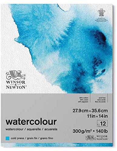 Winsor & Newton Papel de Acuarela Clásico, Grano Fino, 300gr, Mezcla de 25% Algodón y Fibras de Celulosa, Blanco Natural, Libre de Ácidos, 27,9 x 35,6cm, Bloc Encolado Por 1 Cara, 12 Hojas