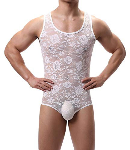 IBAKOM Men's Floral Lace Sheer Lingerie Bodysuit Sissy Thong Sleeveless Singlet Leotard Crossdresser Nightwear White L