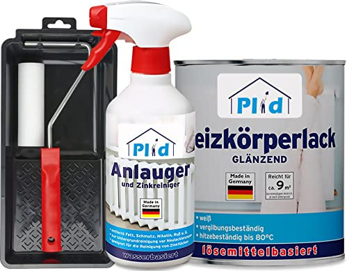 PLID® Heizkörperlack lösemittelhaltig Thermolack Metalllack Heizkörperfarbe Lack Farbe für heizkörperverkleidung schnelltrocknend 2in1 hitzebeständig 80 grad Glänzend Weiß 0,75l Heizkörperlack