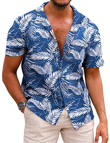 COOFANDY Hawaiian Shirt for Men Floral Beach Short Sleeve Shirt Mens Button Down Summer Shirts Blue A- Palm Leaf L