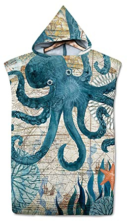 FANSU Surf Poncho de Bain Poncho de Plage, Unisexe Microfibre sans Manches Peignoir de Piscine Serviette pour Adulte Femmes et Hommes Serviette à Changement (75x110cm,Poulpe)