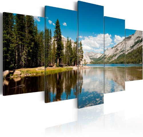 B&D XXL - Wandbilder XXL Landschaft Gebirge 150x75 cm 5 tlg Wand Deko Leinwand Bilder Groß Wanddeko Wohnzimmer Schlafzimmer Kunstdrucke - Natur Berge Bergsee Wald 030212-29
