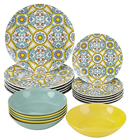 Baroni Home Juego de 18 Platos de porcelana y gres, Vajilla para 6 personas, Set Completo, Conjunto de Platos planos, hondos y platillos para postre, Fantasía Ortigia